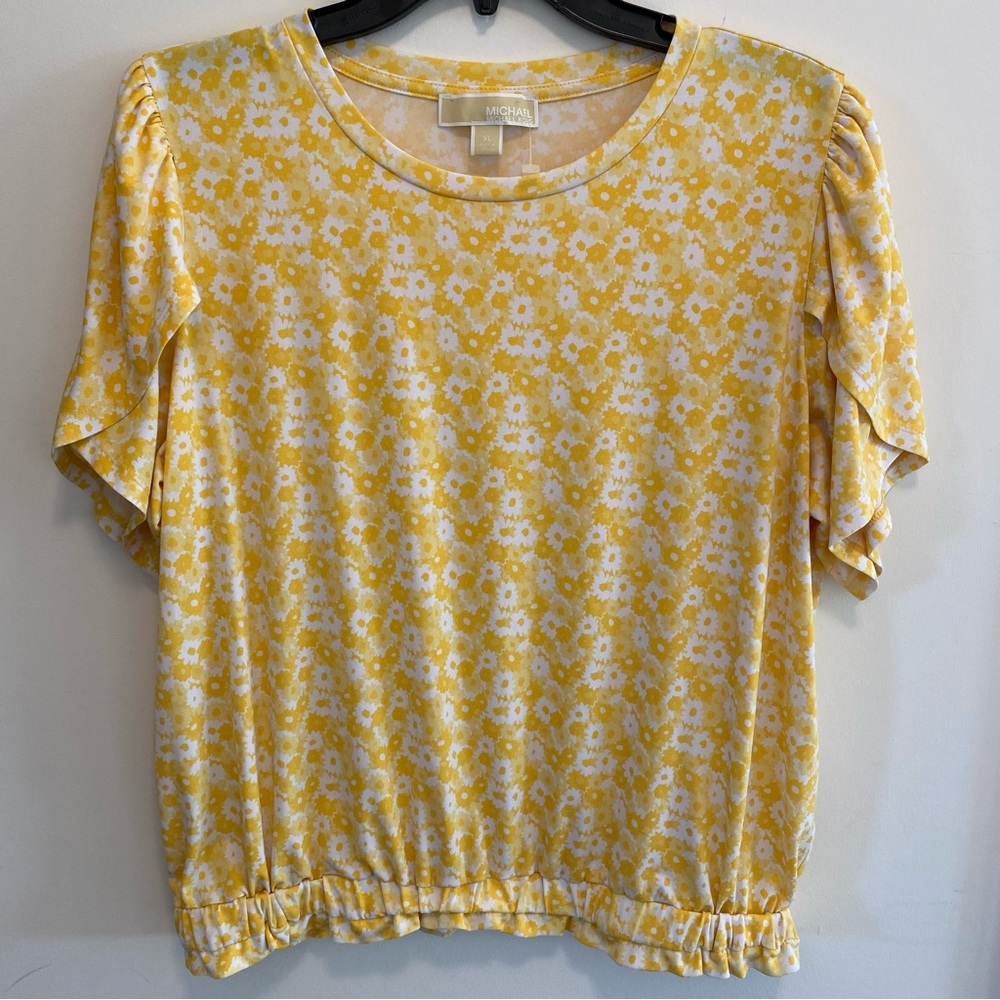 Michael Kors Yellow & White Flower X-Large Top w/ Tulip Sleeves & Elastic Trim